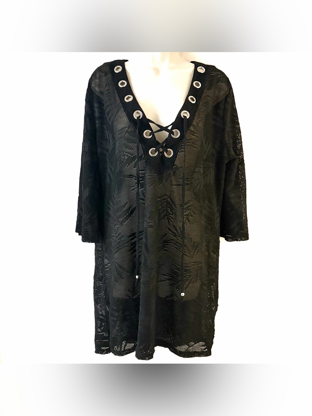 Black Lace-Up Crochet Swim Cover-Up